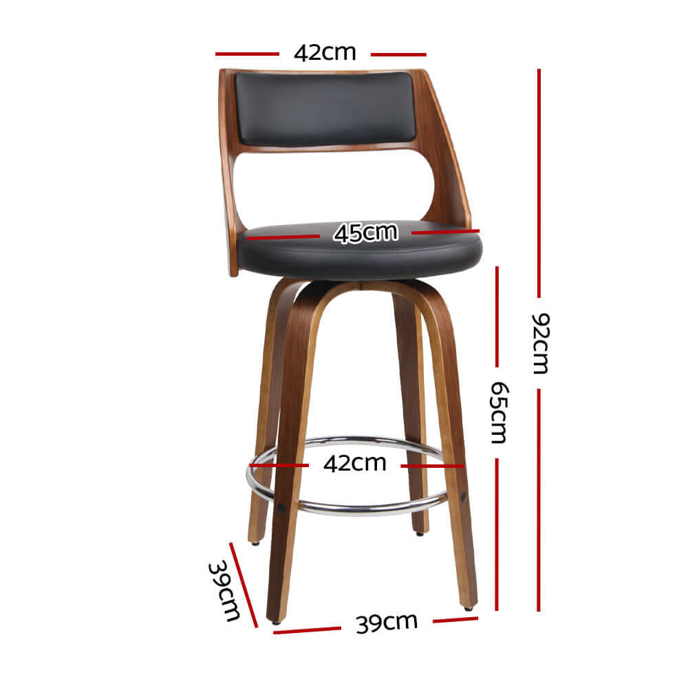 Artiss 2x bar stools with swivel leather chair design, featuring dimensions and stylish walnut finish.