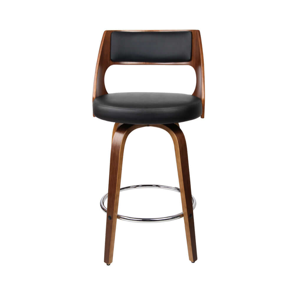 Affordable Artiss 2x swivel bar stool with PU leather seat, walnut finish legs, and modern design for DIY decor.