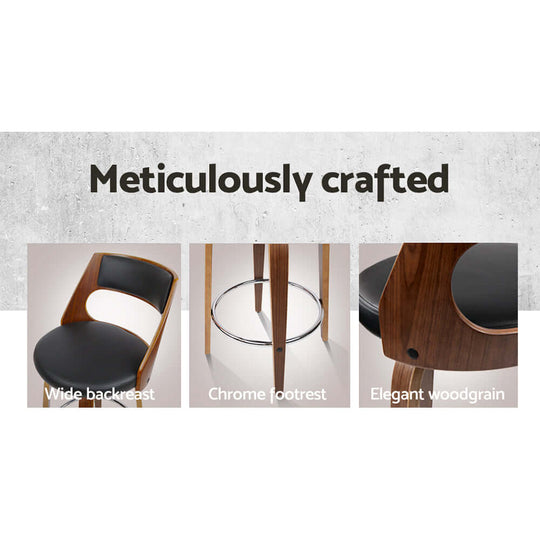 Artiss 2x bar stools showcasing wide backrest, chrome footrest, and elegant woodgrain for a stylish decor.