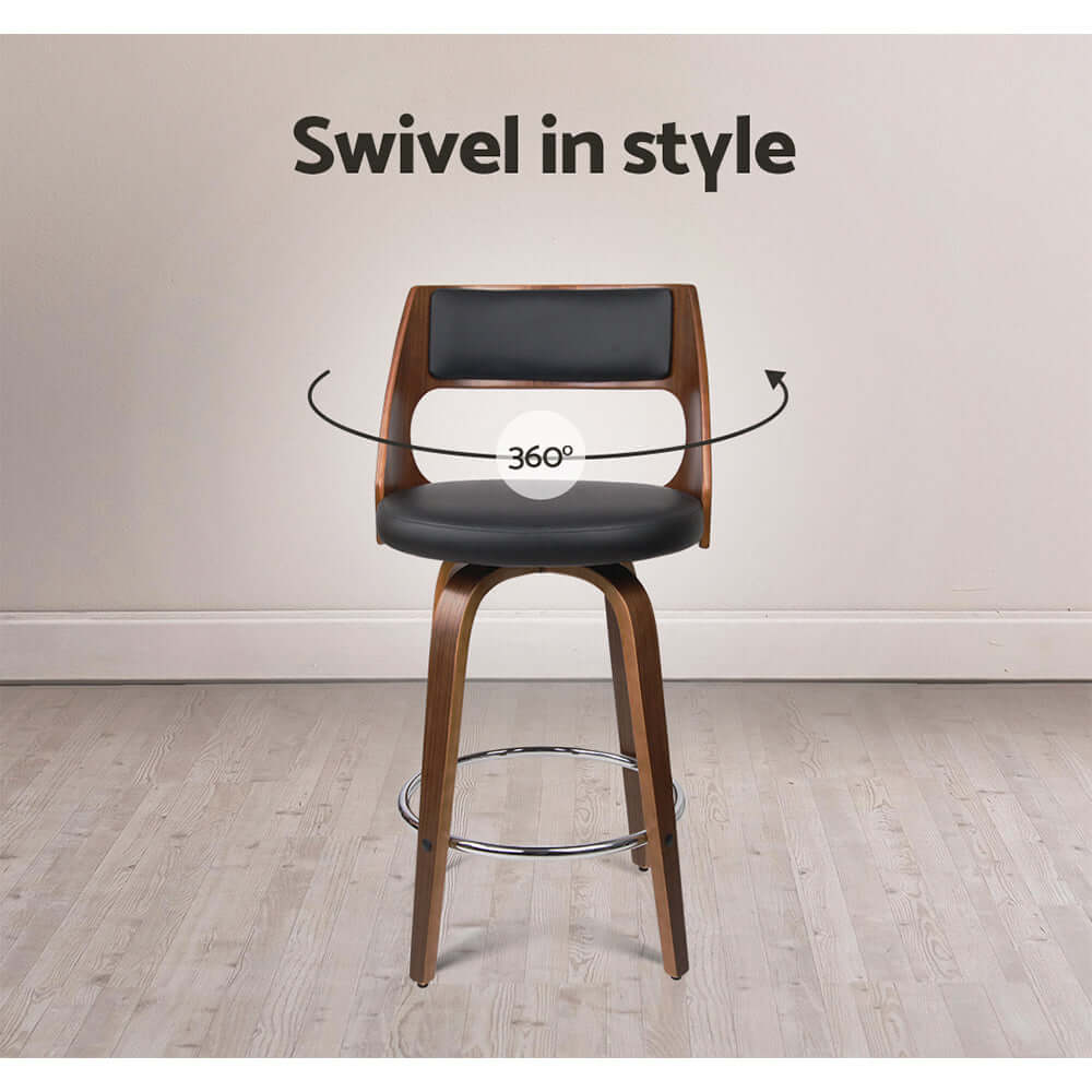 Affordable Artiss bar stool in walnut finish, 360° swivel, modern PU leather design, stylish and comfortable seating.