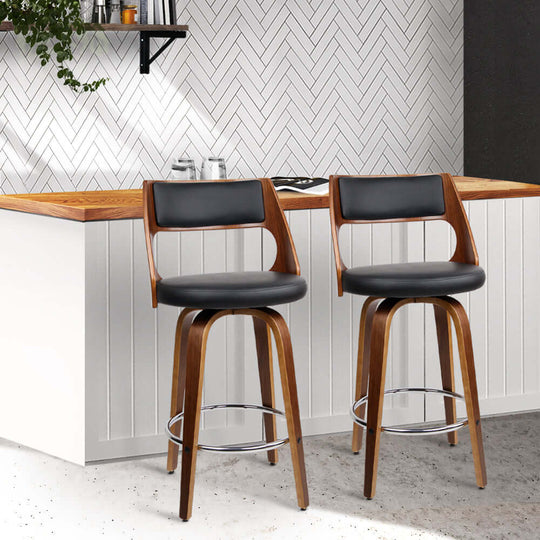 Affordable Artiss 2x bar stools in walnut finish with black leather seats for a stylish kitchen look.