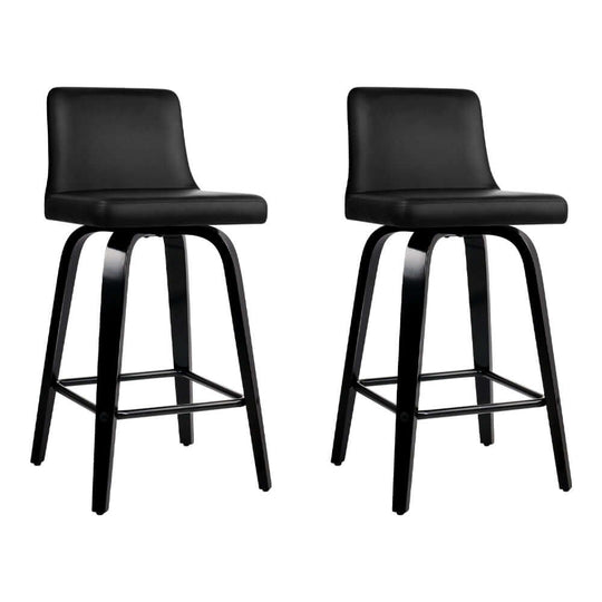 Set of 2 affordable black leather bar stools with swivel seats and wooden frames, perfect for DIY decor.