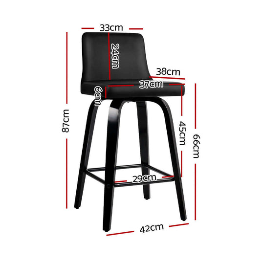 Dimensions of Artiss Leather Bar Stools: 66cm height, 42cm width, 24cm seat depth for affordable luxury seating.