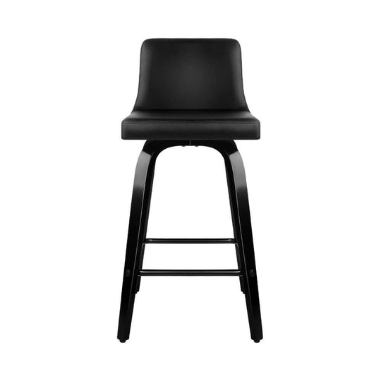 Affordable black leather bar stool with wooden frame, 360-degree swivel and padded backrest for quality comfort.