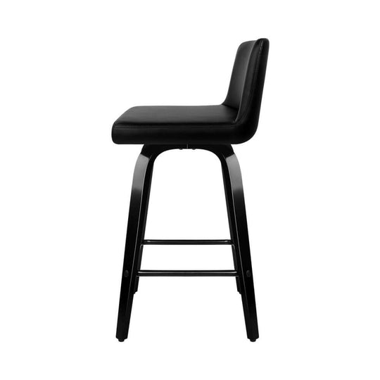 Affordable leather swivel bar stool with black wooden frame, padded backrest, and 360-degree rotation for comfort.