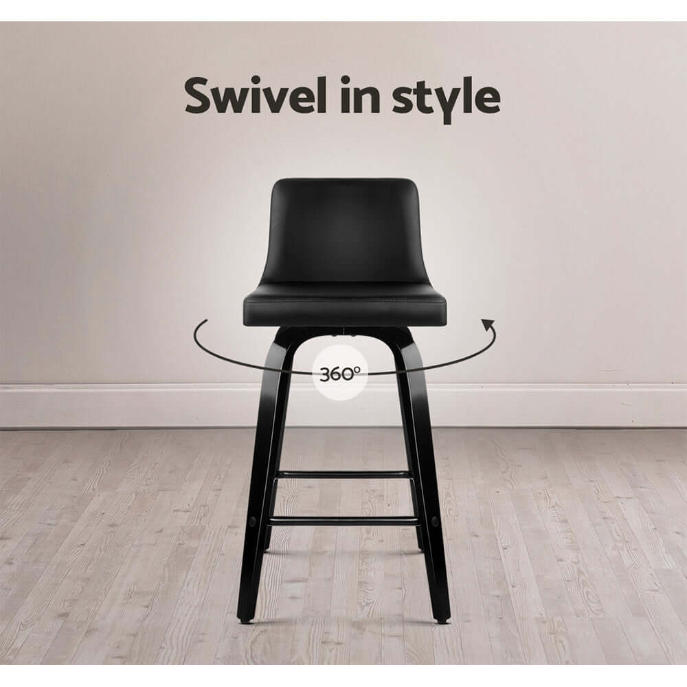 Stylish black leather bar stool that swivels 360 degrees, offering comfort and modern design for any kitchen.