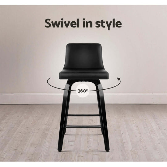 Stylish black leather bar stool that swivels 360 degrees, offering comfort and modern design for any kitchen.