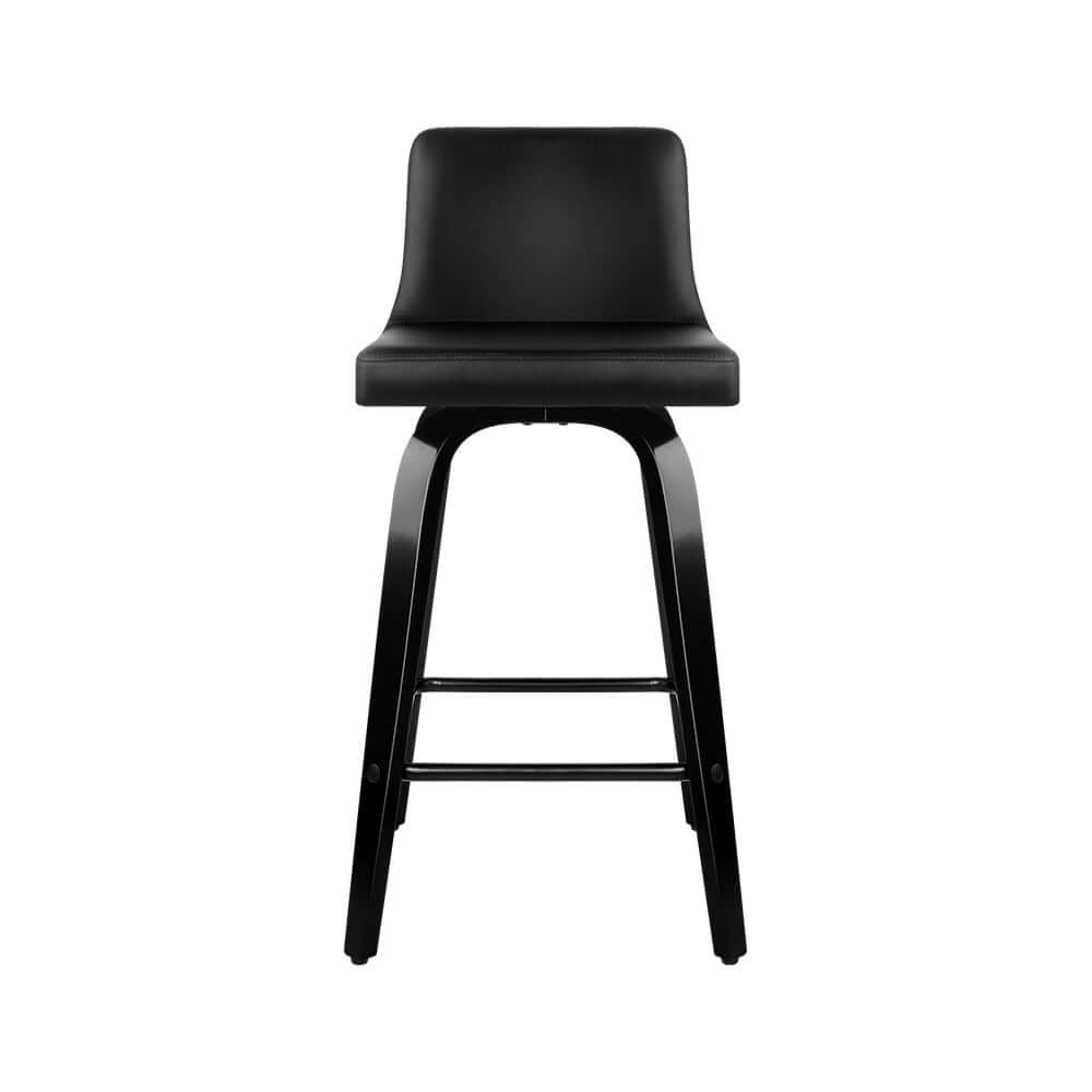 Affordable black leather bar stool with a wooden frame, swivel seat, and stylish design for modern kitchens.