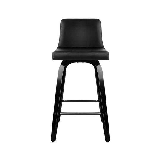 Affordable black leather bar stool with a wooden frame, swivel seat, and stylish design for modern kitchens.