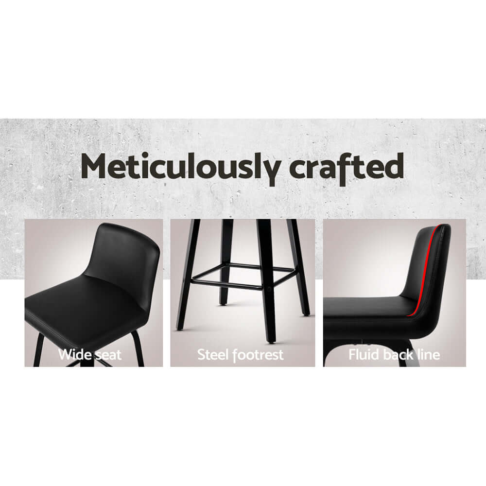 Meticulously crafted black bar stool showcasing wide seat, steel footrest, and fluid back line for quality and comfort.