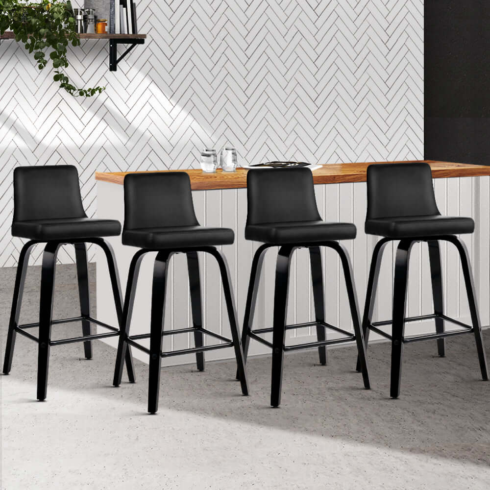 Affordable black leather bar stools, quality swivel chairs for kitchen or dining, stylish and luxe design, set of four.