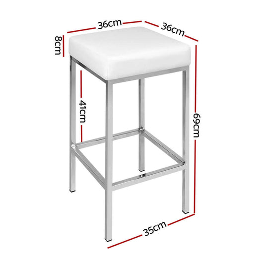 Artiss white leather padded bar stool with chrome legs, dimensions marked for affordable, quality seating option.