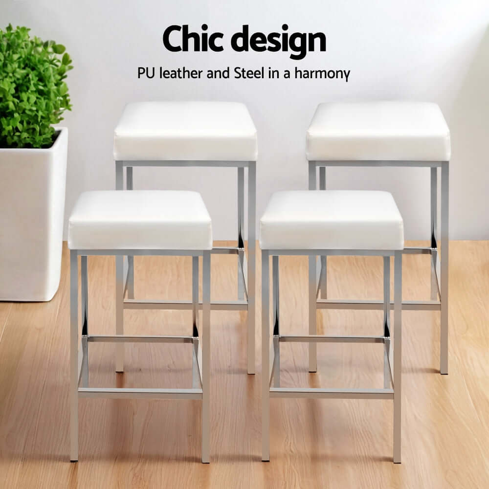 Artiss 4x white bar stools with PU leather seats and chrome legs, offering affordable, quality seating for modern décor.