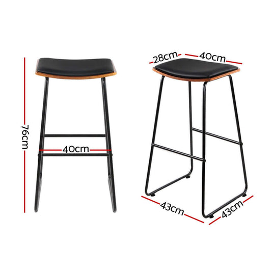 Artiss 4x bar stools with faux leather padding and metal frame, measuring 76cm height, 40cm width, and 28cm depth.