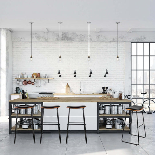 Modern kitchen featuring artiss bar stools, minimalist design with pendant lights and open shelving for a stylish look.