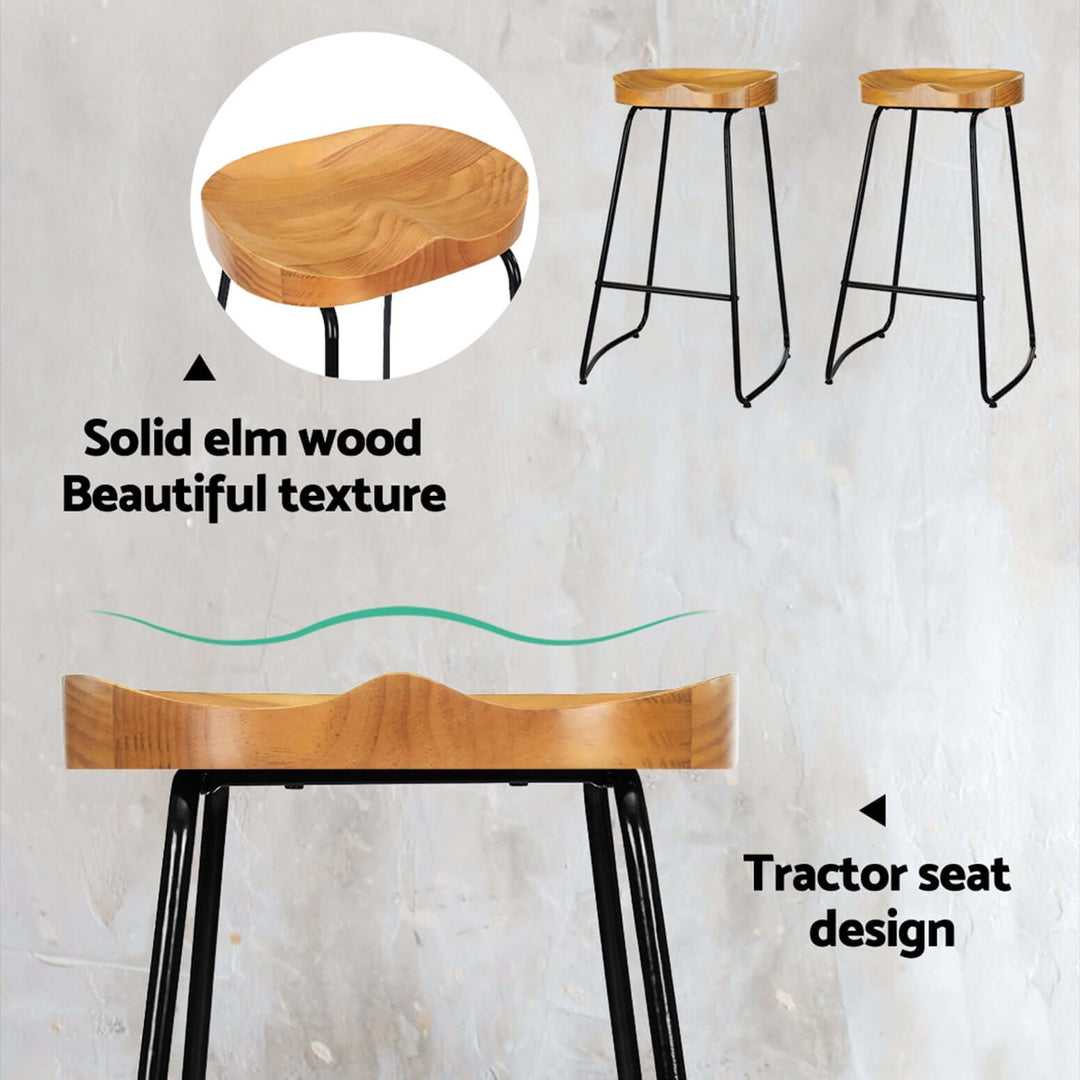 Artiss Tractor Bar Stool with solid elm wood seat and stylish black metal legs, showcasing beautiful texture and design.