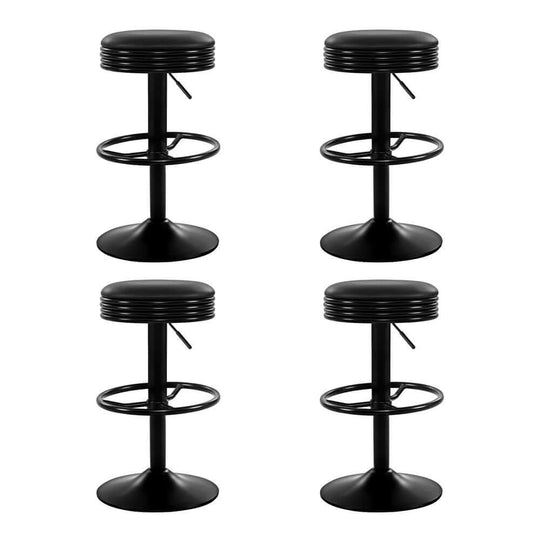 Set of 4 black leather padded bar stools with chrome gas lift, ideal for modern decor and DIY projects.