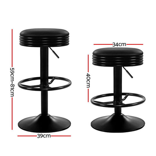 Artiss black leather padded bar stools with adjustable height measurements, modern design for any decor.