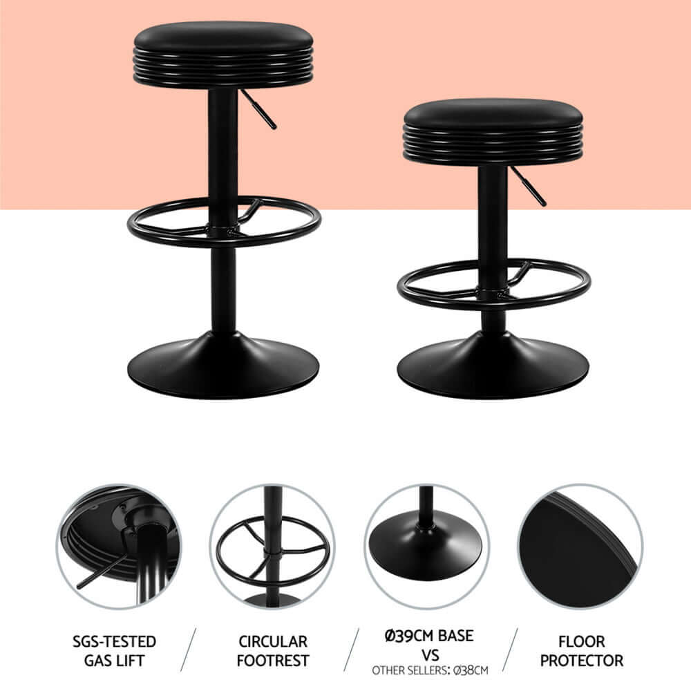 Artiss black leather padded bar stool with gas lift, circular footrest, and floor protector for modern decor.