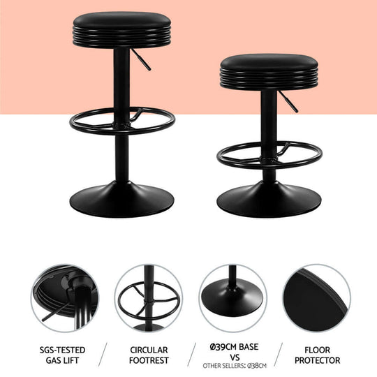 Artiss black leather padded bar stool with gas lift, circular footrest, and floor protector for modern decor.