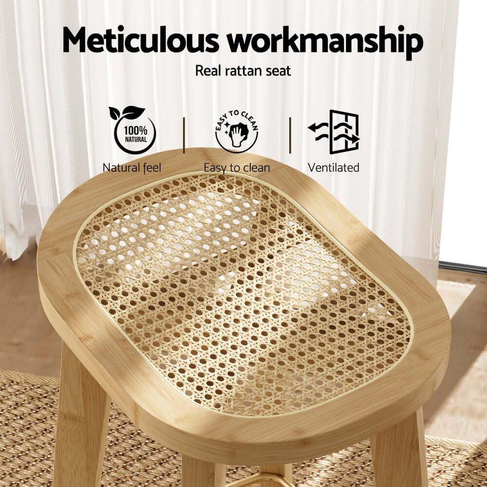 Artiss bar stool showing its real rattan seat with meticulous workmanship, easy to clean and ventilated design.