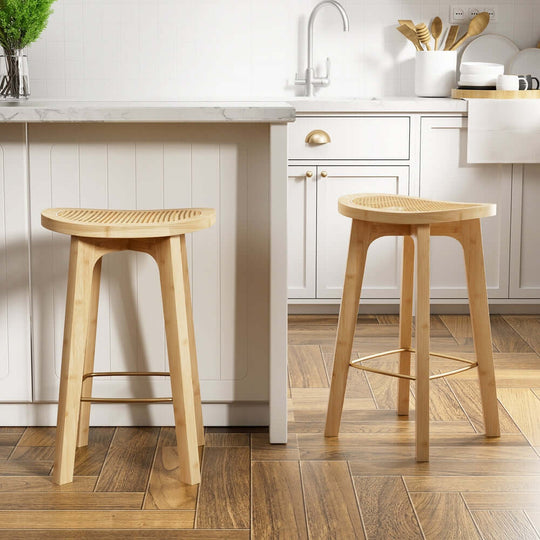 Artiss bamboo rattan bar stools in a modern kitchen, showcasing affordable luxury and quality craftsmanship.