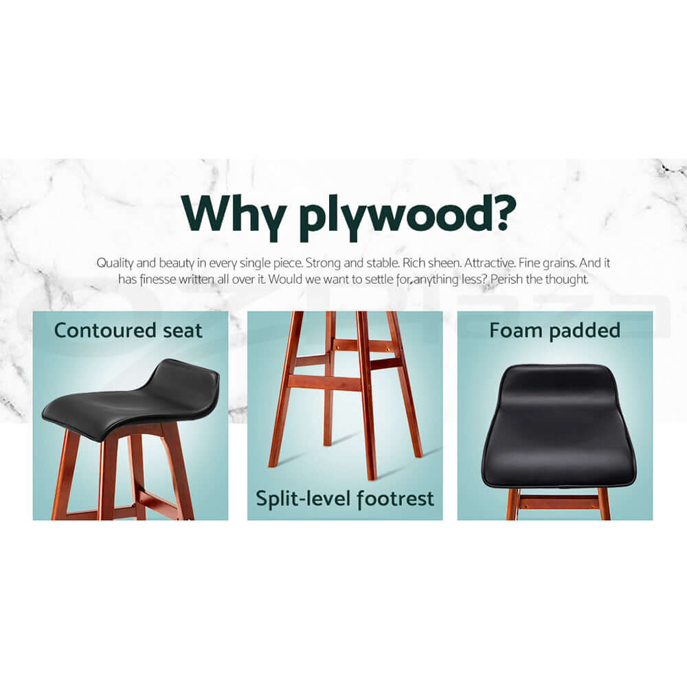 Plywood bar stool features: contoured seat, split-level footrest, and foam padding for comfort and style.