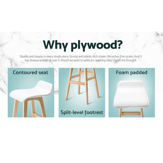 Features of plywood bar stools: contoured seat, split-level footrest, and foam padding for comfort.