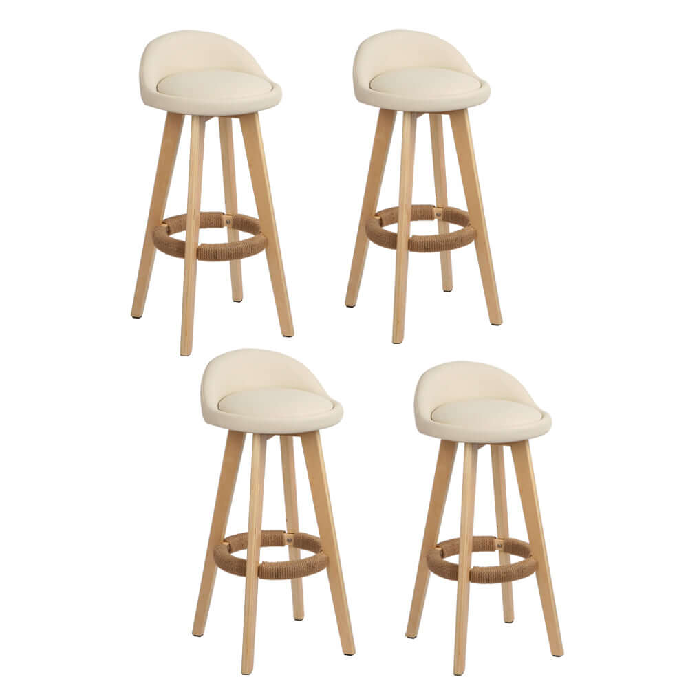 Set of 4 Artiss beige padded leather bar stools with wooden legs and unique woven footrests, stylish and affordable seating.