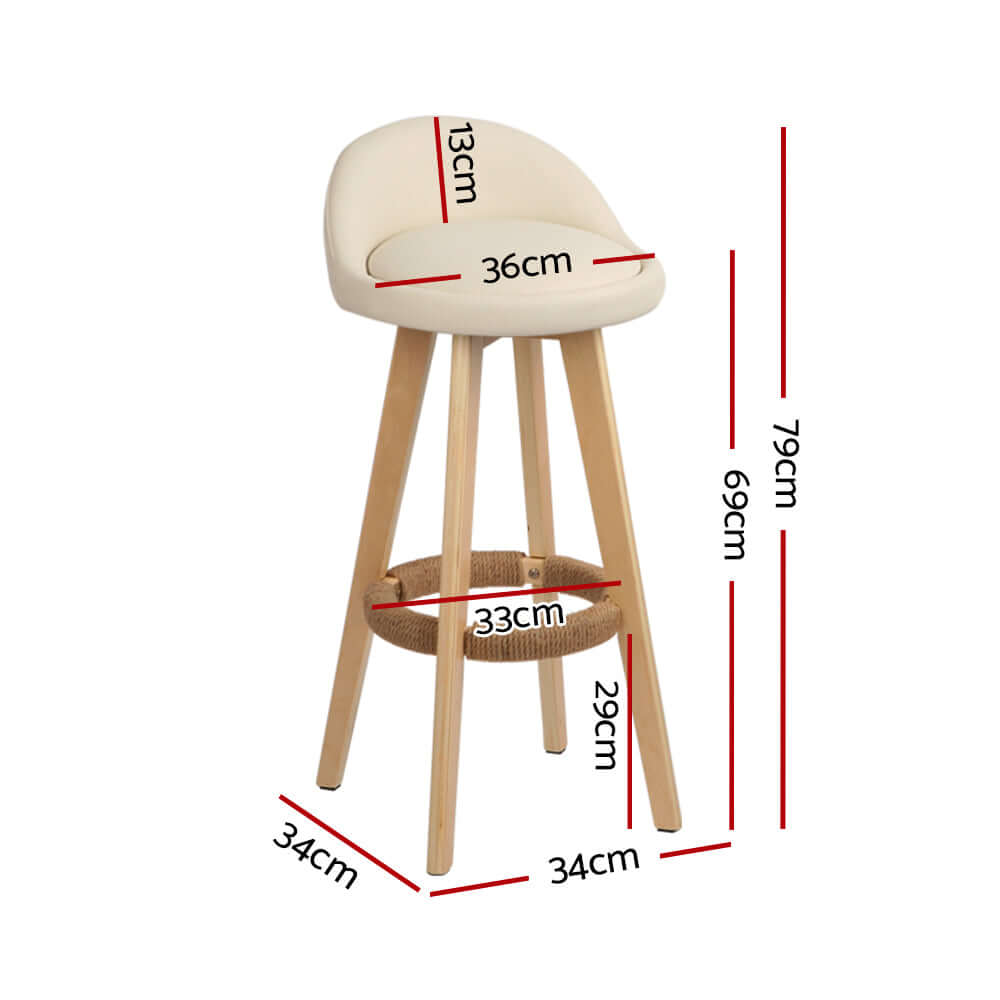 Dimensions of Artiss Dalvey Bar Stool: 79cm height, 36cm seat width, padded leather, wooden legs, affordable luxury design.