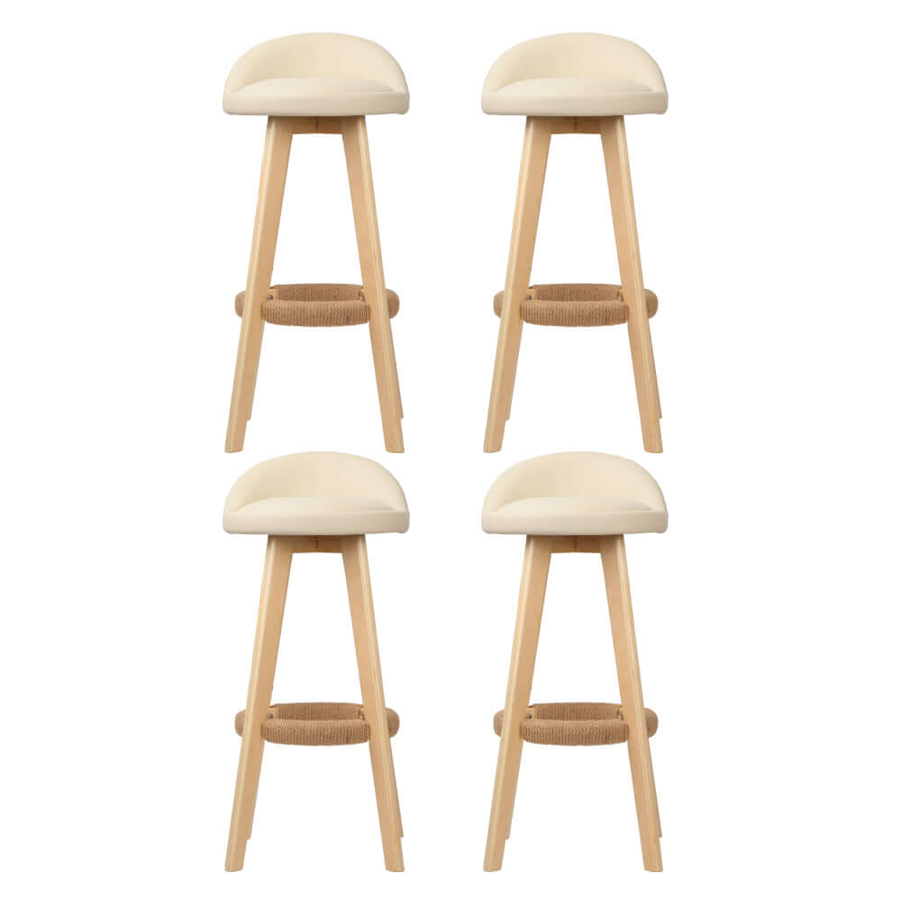 Set of 4 Artiss padded leather beige bar stools with wooden legs and hemp rope footrest for affordable luxury and quality comfort.