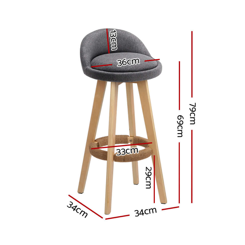 Dimensions of Artiss Dalvey Bar Stool in grey, featuring padded linen, wooden legs, and unique hemp rope footrest.