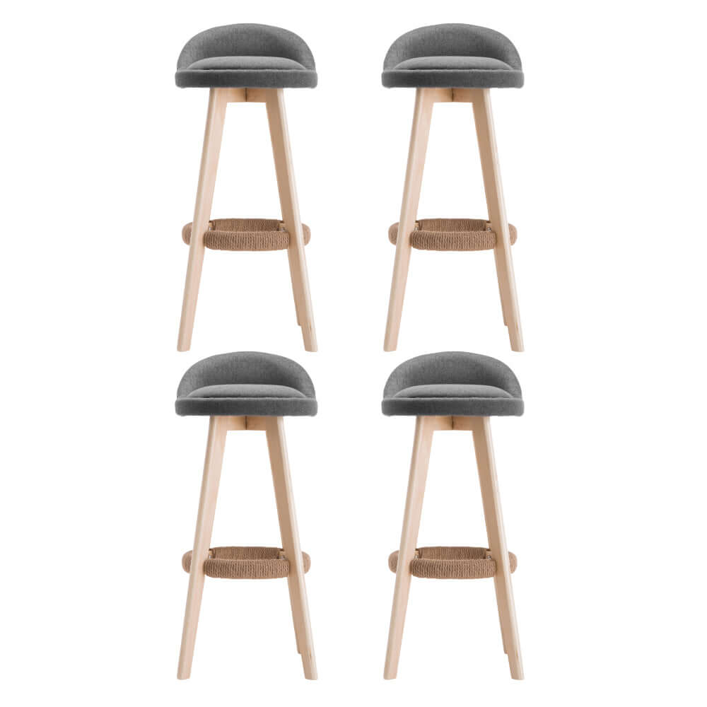 Set of 4 Artiss bar stools in padded grey linen with wooden legs and hemp rope footrest, ideal for affordable, quality DIY home decor.