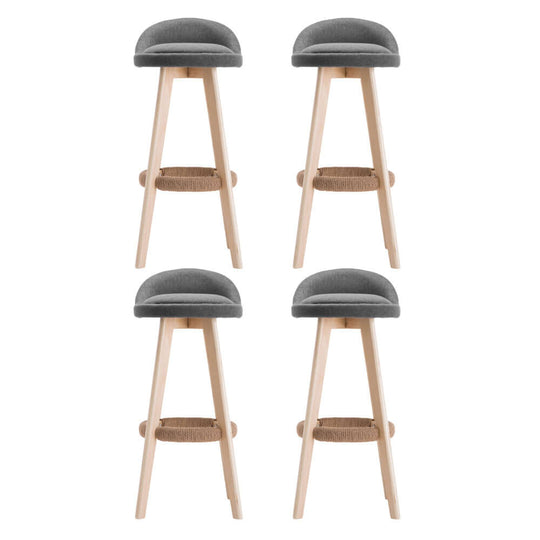 Set of 4 Artiss bar stools in padded grey linen with wooden legs and hemp rope footrest, ideal for affordable, quality DIY home decor.