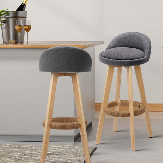 Affordable Artiss grey padded bar stools with wooden legs and hemp rope footrest for stylish comfort in home decor.