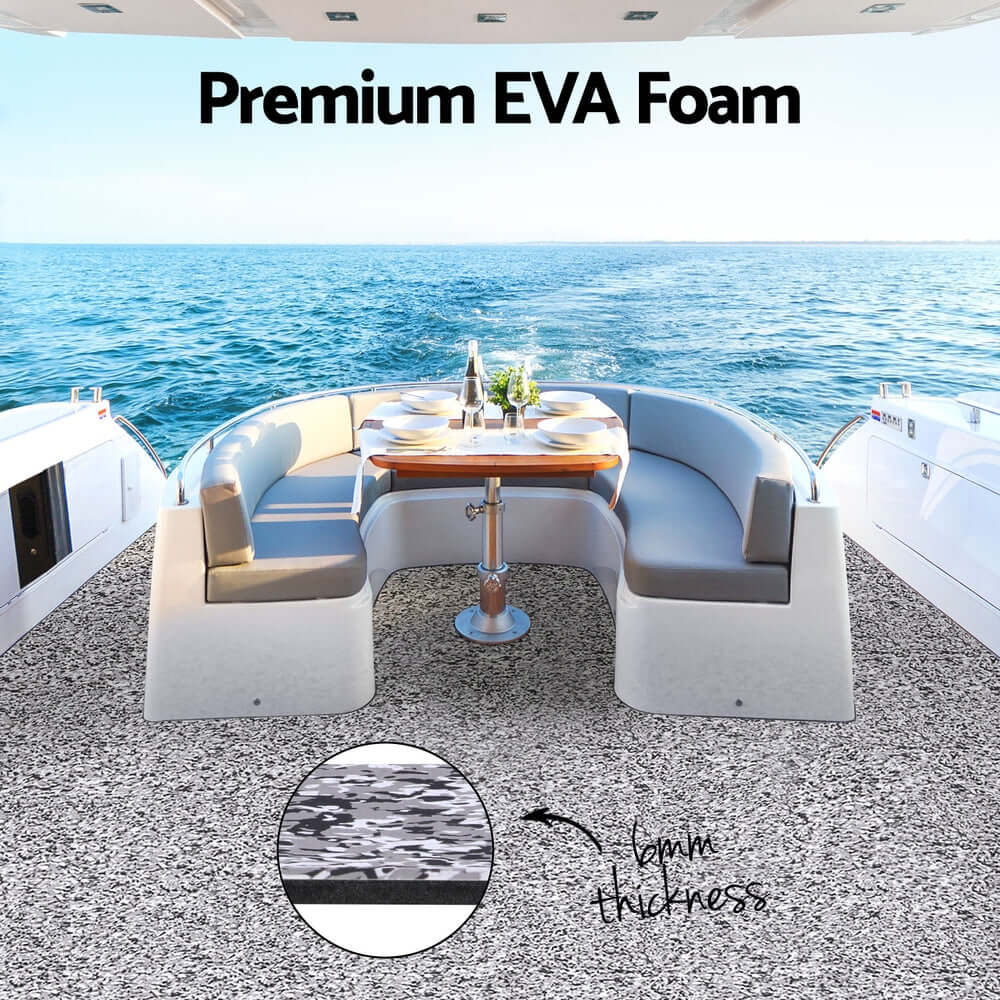 EVA foam boat flooring shown on yacht deck, featuring premium grey camo design, ideal for DIY and luxury marine upgrades.