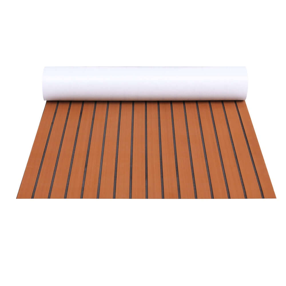 Dark brown EVA foam boat flooring mat with black stripes. Ideal for affordable DIY boat renovations.