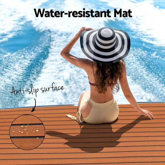 Woman enjoying the water on a dark brown water-resistant mat with anti-slip surface, showcasing durability and style.