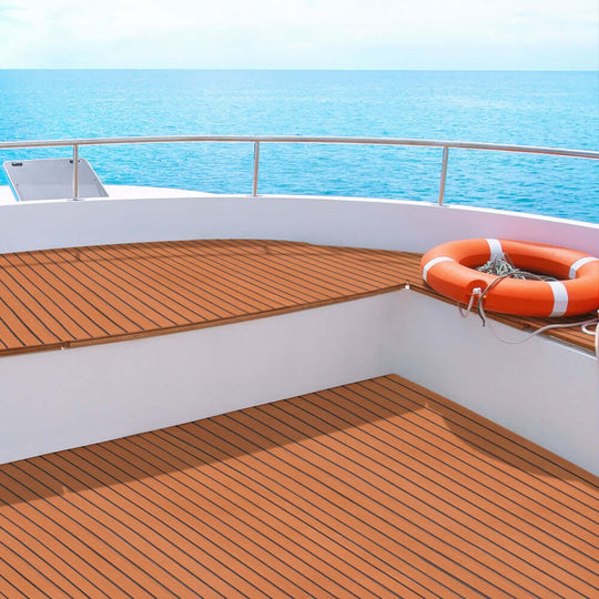 Seamanship EVA foam boat flooring mat in dark brown on a yacht deck with ocean view, ideal for affordable DIY upgrades.