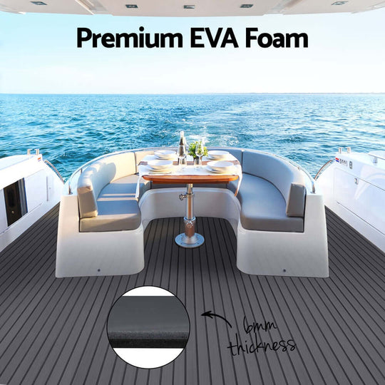 Seamanship premium EVA foam boat flooring mat on a yacht deck, showcasing 6mm thickness and stylish seating area.