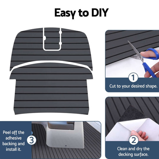 DIY instructions for Seamanship EVA foam boat flooring: cut, clean, peel, and install for easy flooring upgrade.