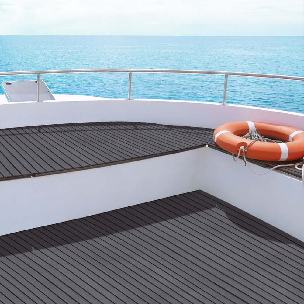 Seamanship EVA Foam Boat Flooring Mat in dark grey on a luxury yacht deck, designed for DIY boat renovations.