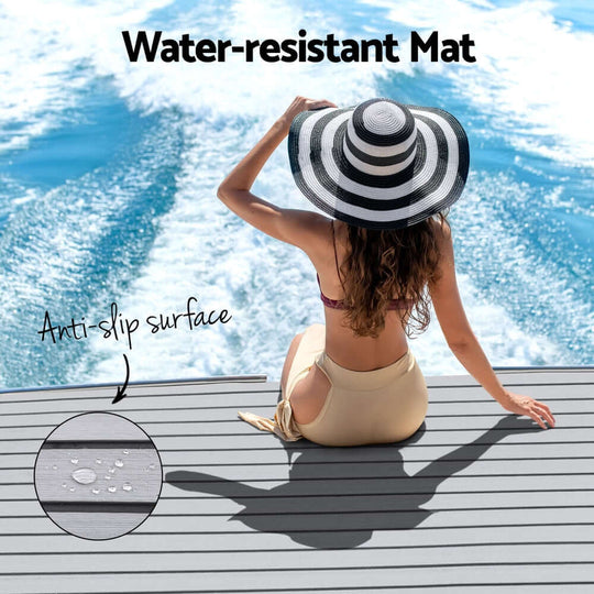 Woman enjoying sun on a water-resistant anti-slip mat for boats, highlighting durability and comfort.