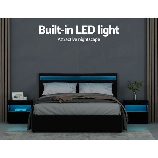 Artiss Bed Frame Queen Size LED Gas Lift Black COLE