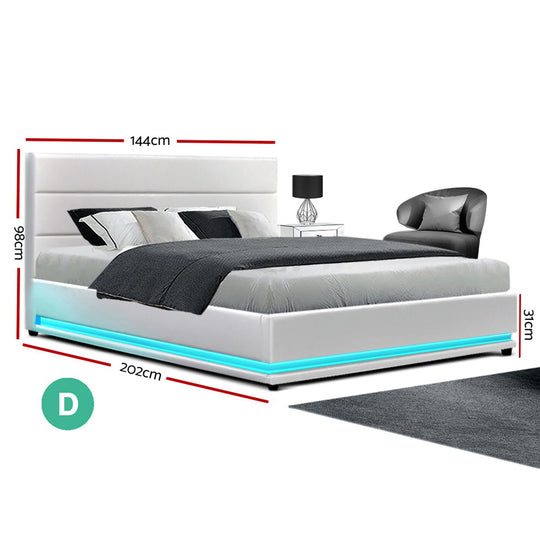 Artiss Bed Frame Double Size LED Gas Lift White LUMI