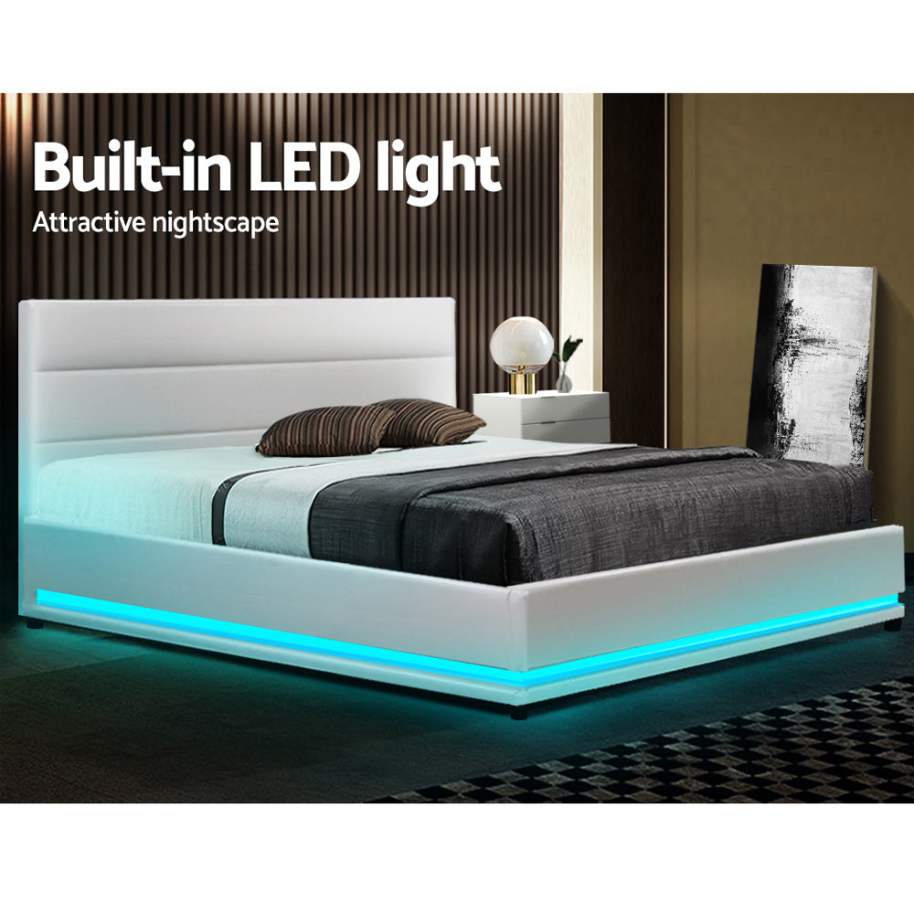 Artiss Bed Frame Double Size LED Gas Lift White LUMI