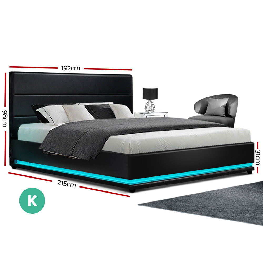 Artiss Bed Frame King Size LED Gas Lift Black LUMI