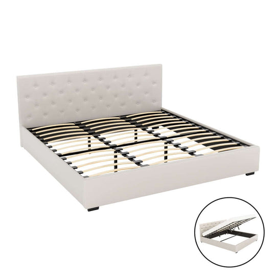 Artiss King Size Gas Lift Bed Frame in Beige with Tufted Headboard and Storage Compartment