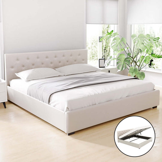 Affordable Artiss King Size Beige Gas Lift Bed Frame with Storage and Tufted Headboard for Quality Sleep