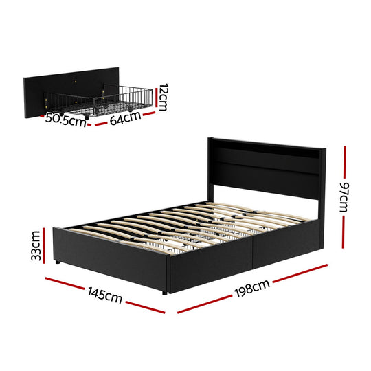 Artiss Bed Frame Double Size LED with 4 Drawers Black DUNN